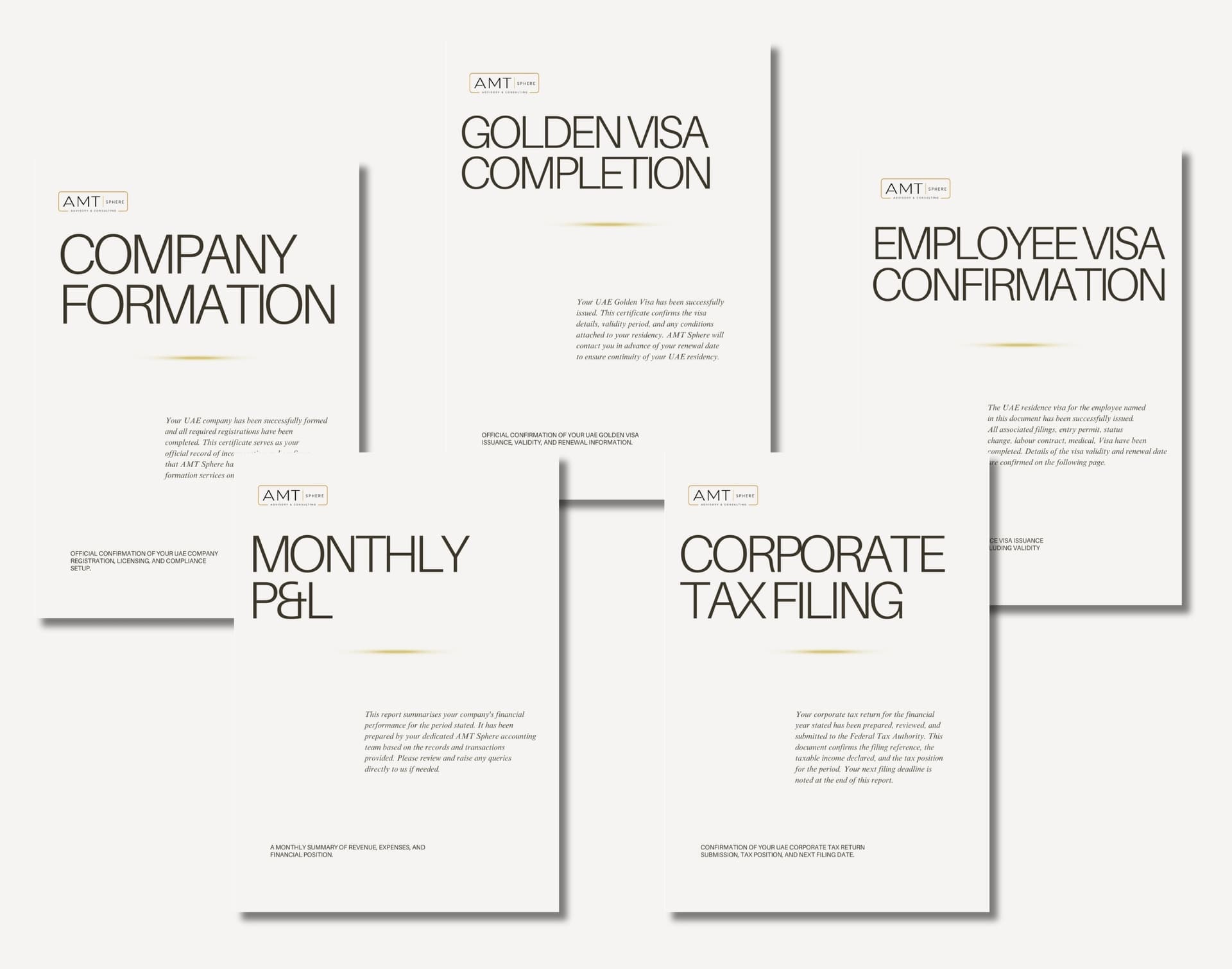AMT Sphere documents - Company Formation, Golden Visa, Employee Visa, Monthly P&L, Corporate Tax Filing